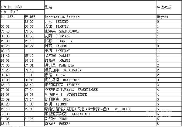 k19列车时刻表